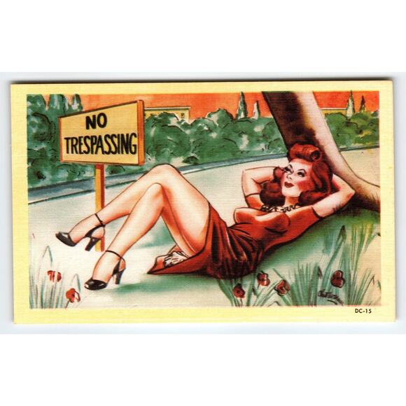 Vintage 1950s Linen Comic Postcard No Trespassing Redhead Woman DC-15 - Picture 1 of 2